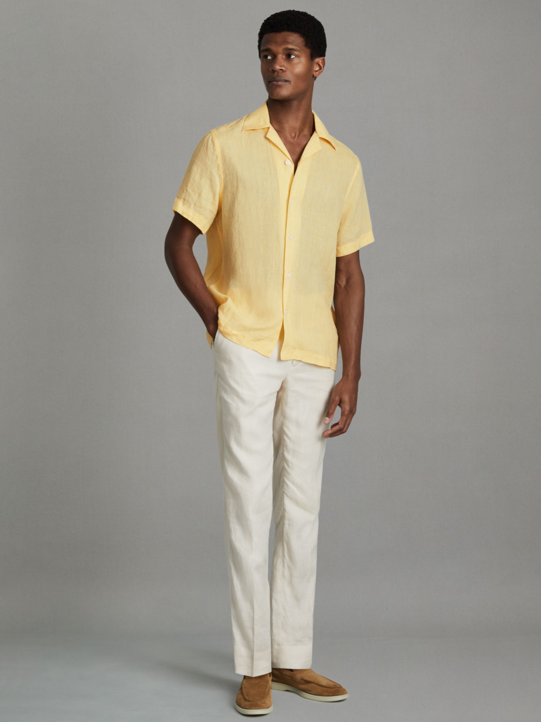 Reiss Beldi Linen Short Sleeve Cuban Shirt, Melon, XS