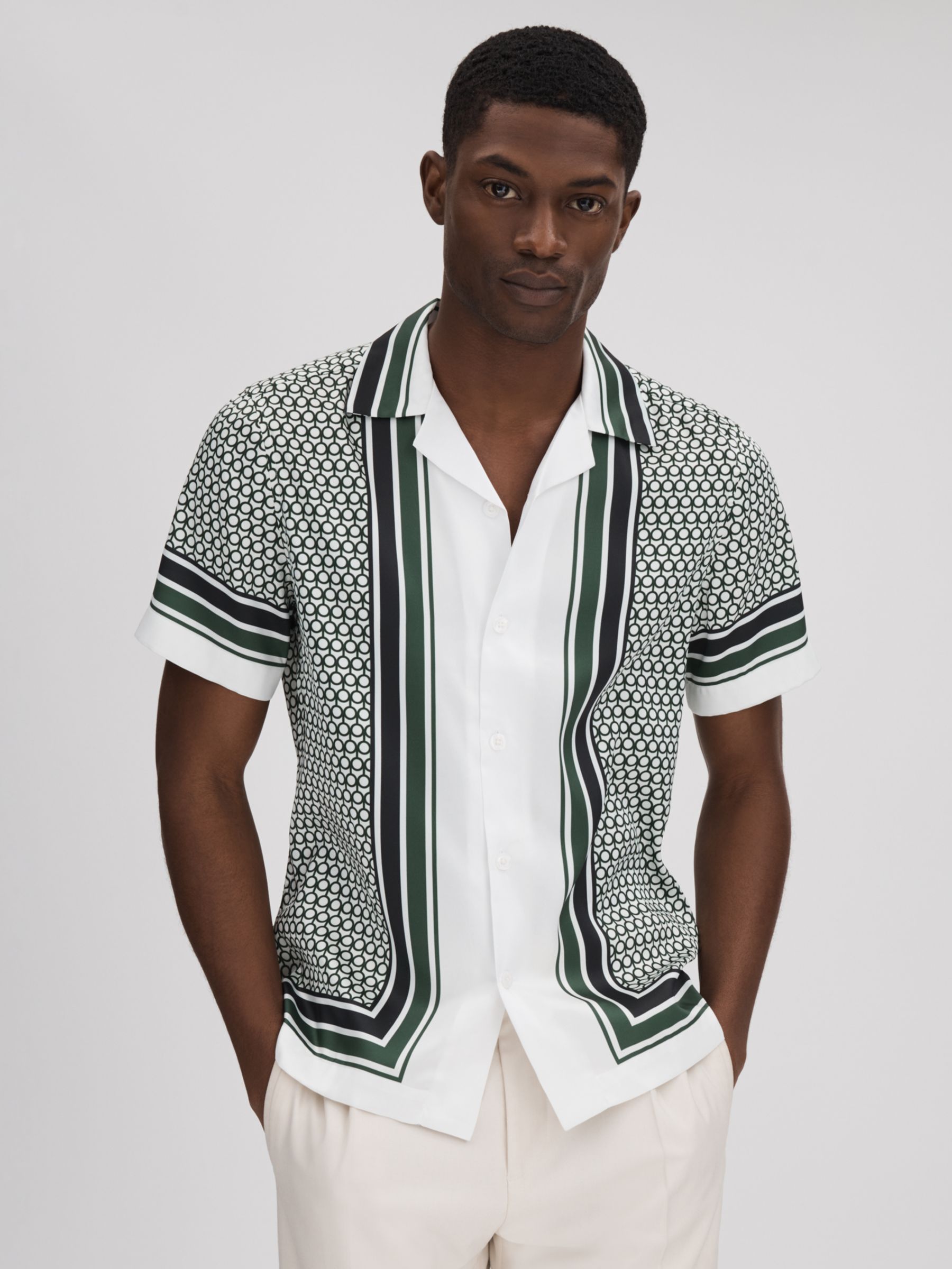 Reiss Blair Geometric and Stripe Print Shirt, White/Green, XS
