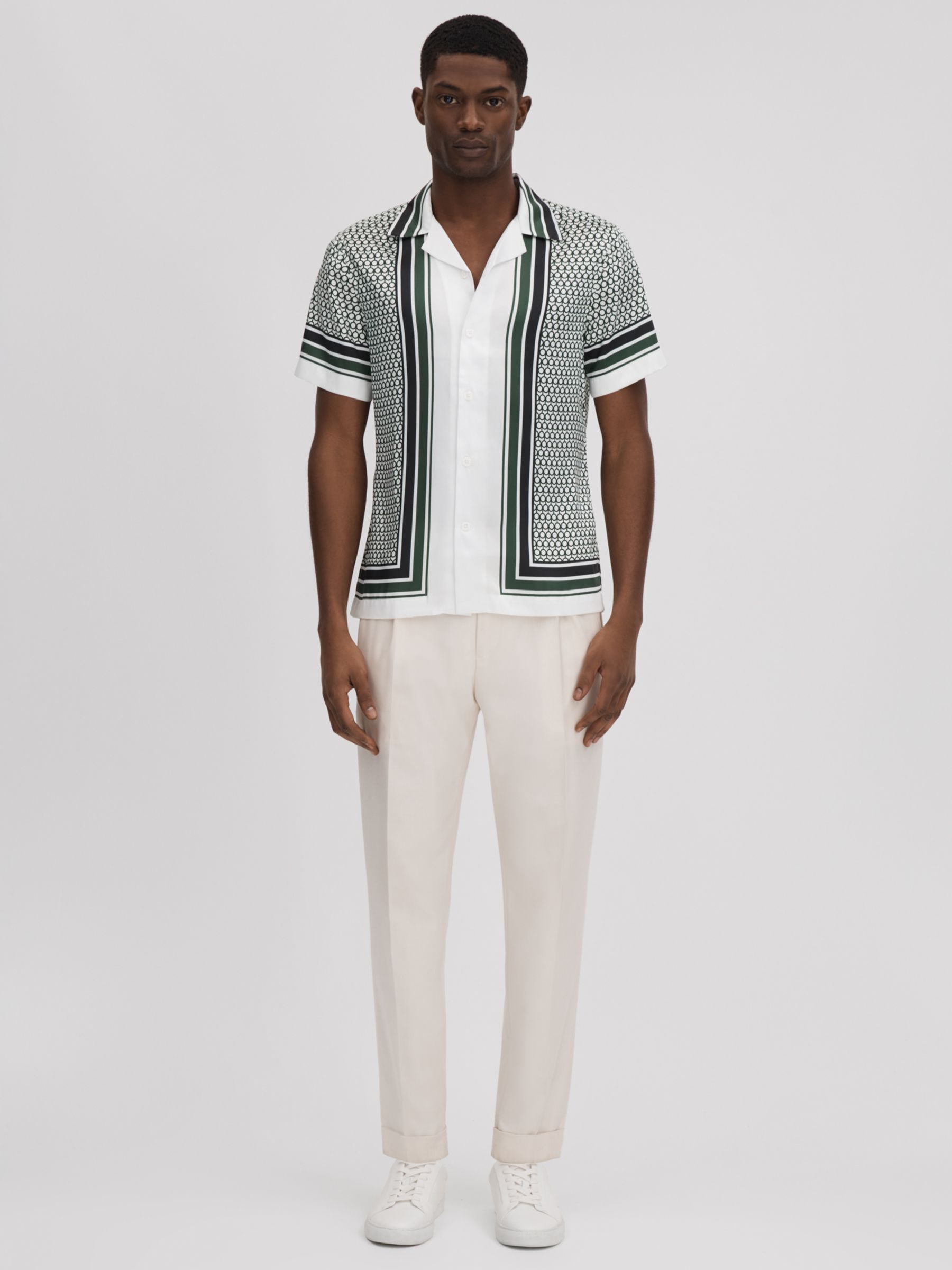 Reiss Blair Geometric and Stripe Print Shirt, White/Green, XS