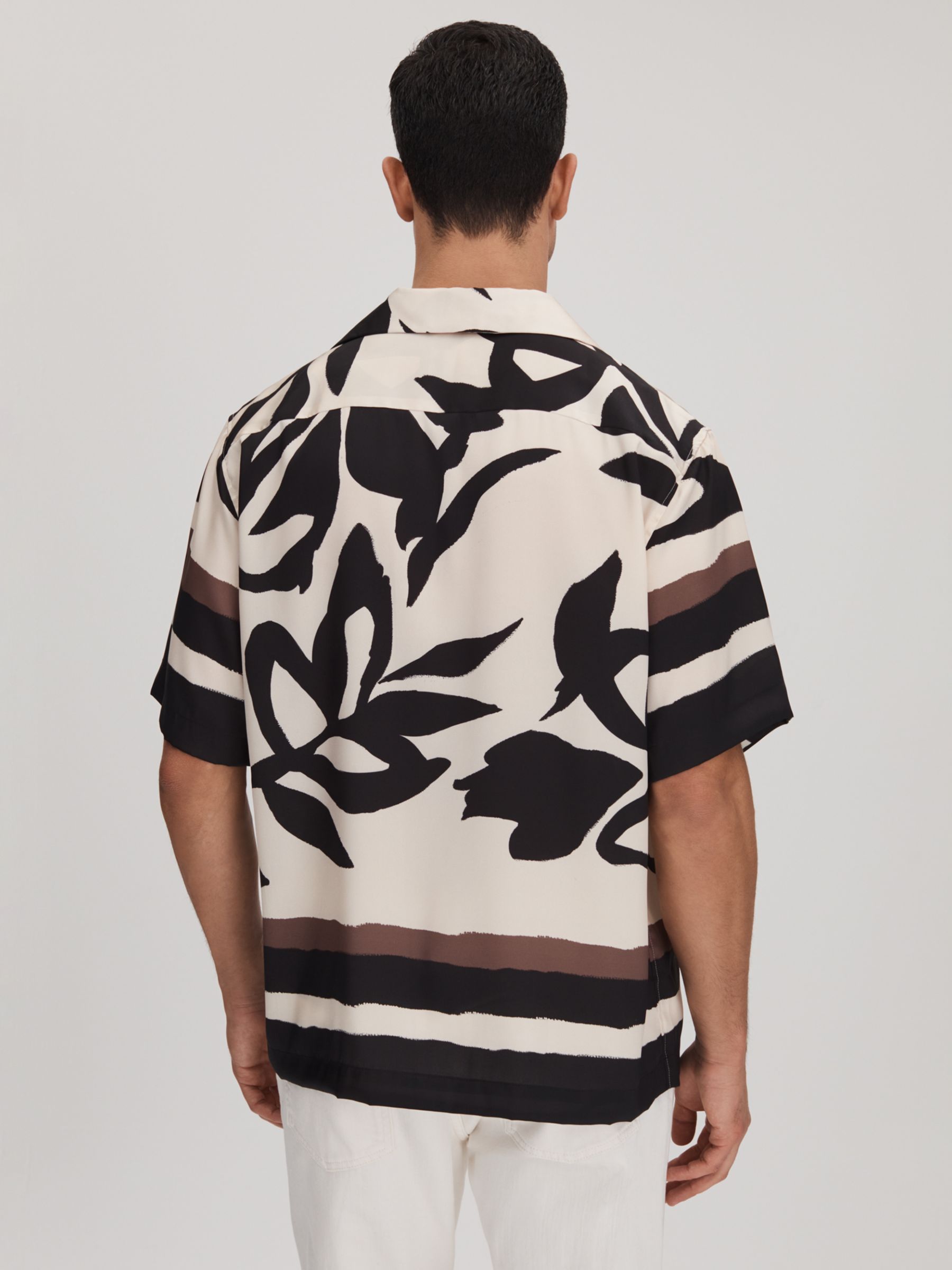 Reiss Croft Leaf Print Casual Shirt, Black/Ecru, XS