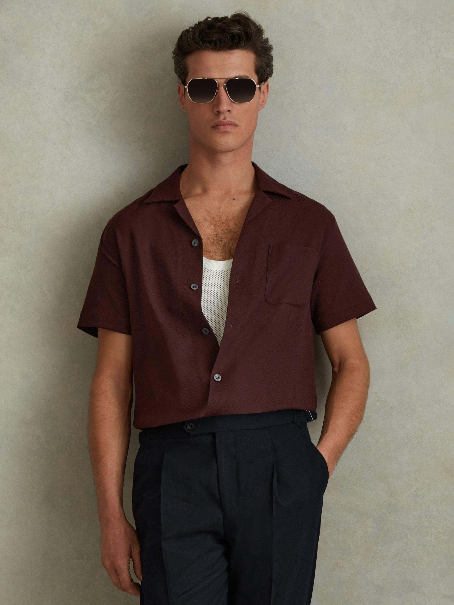 Reiss Nitus Short Sleeve Herringbone Cuban Shirt, Tobacco, XS