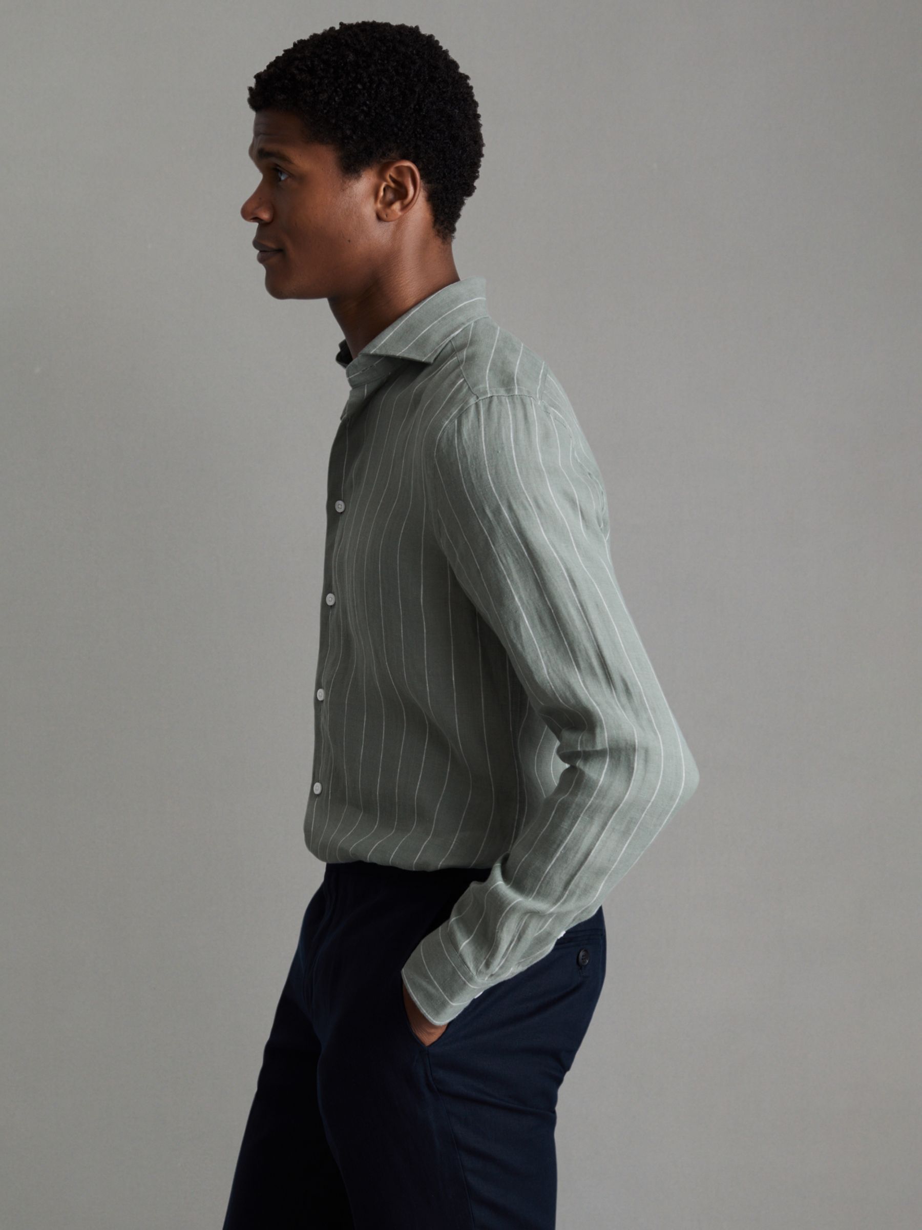 Reiss Ruban Striped Linen Shirt, Sage, XS