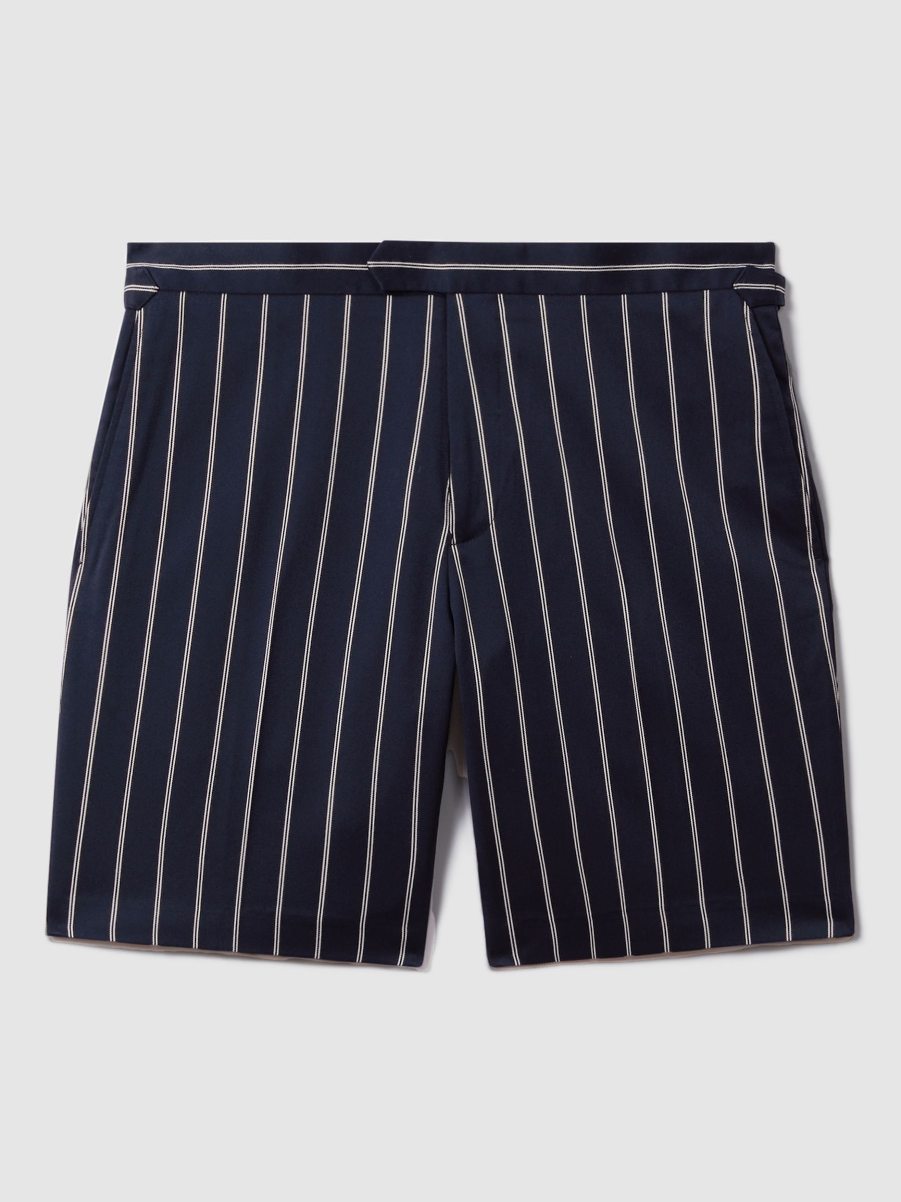 Reiss Lake Fine Stripe Side Adjustable Shorts, Navy/White, 28R