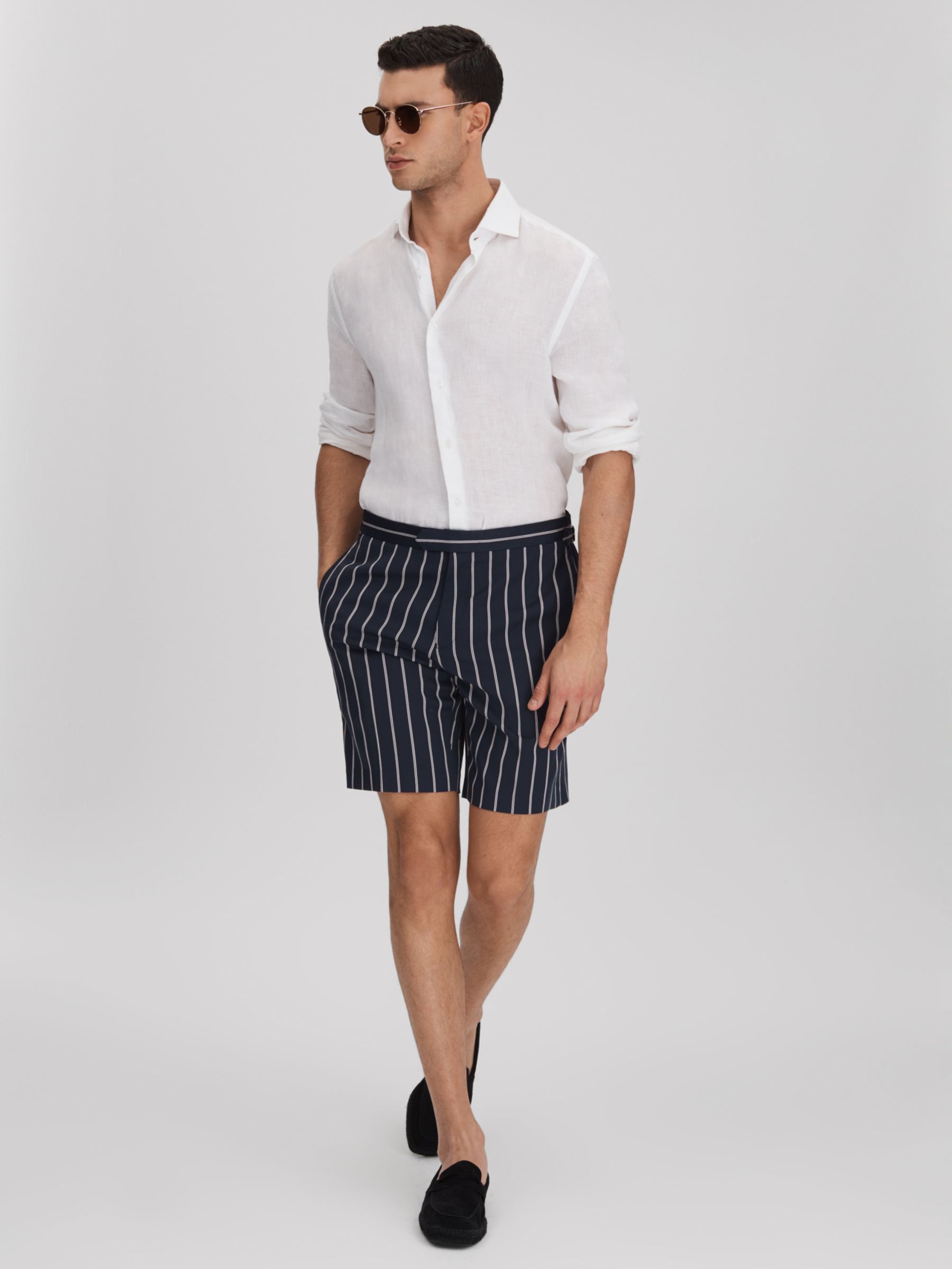 Reiss Lake Fine Stripe Side Adjustable Shorts, Navy/White, 28R