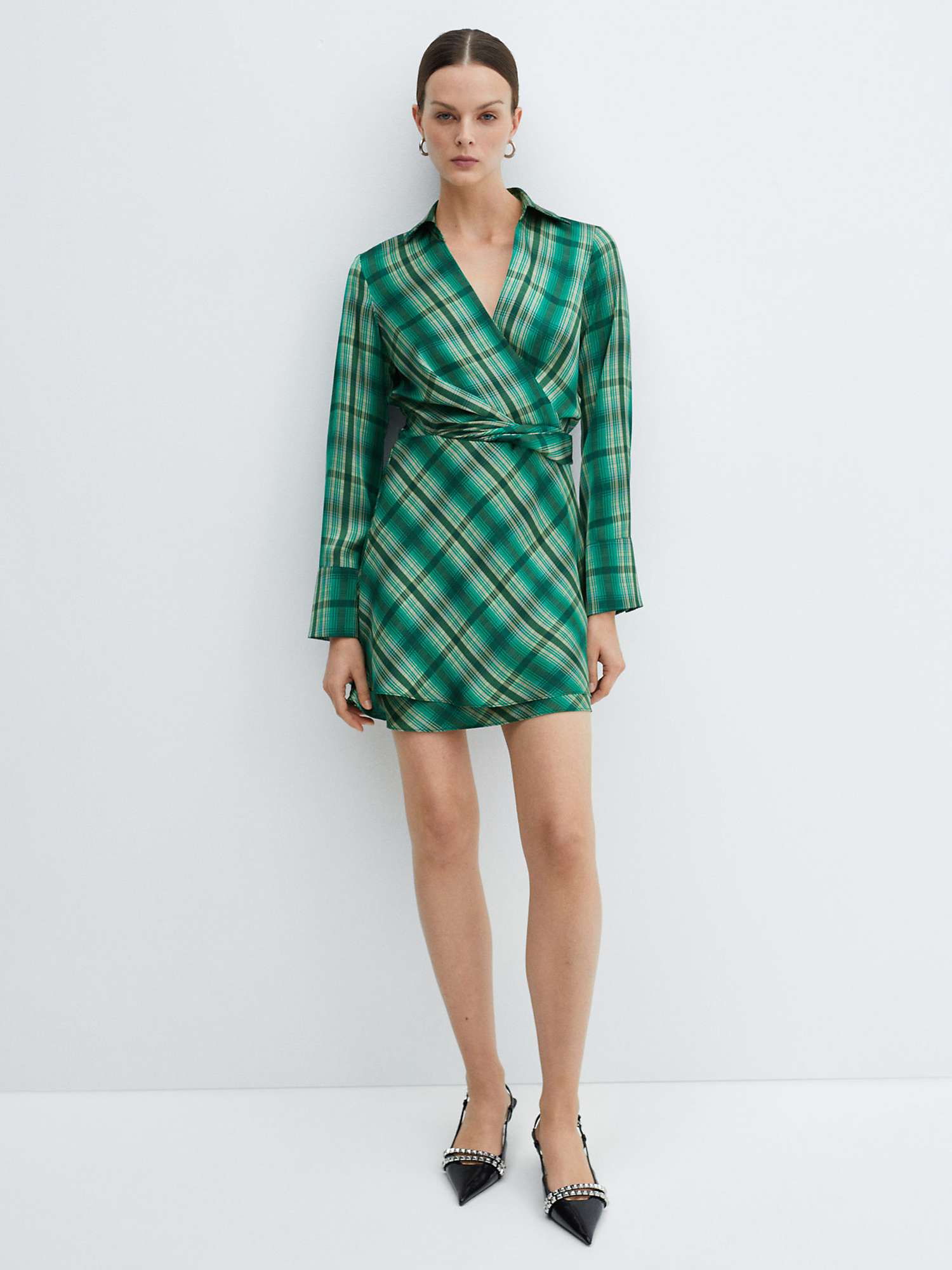 Buy Mango Scot Satin Check Bow Wrap Mini Dress, Green Online at johnlewis.com