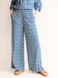 Boden Geometric Print Crinkle Wide Leg Trousers, Green/Multi, Green/Multi