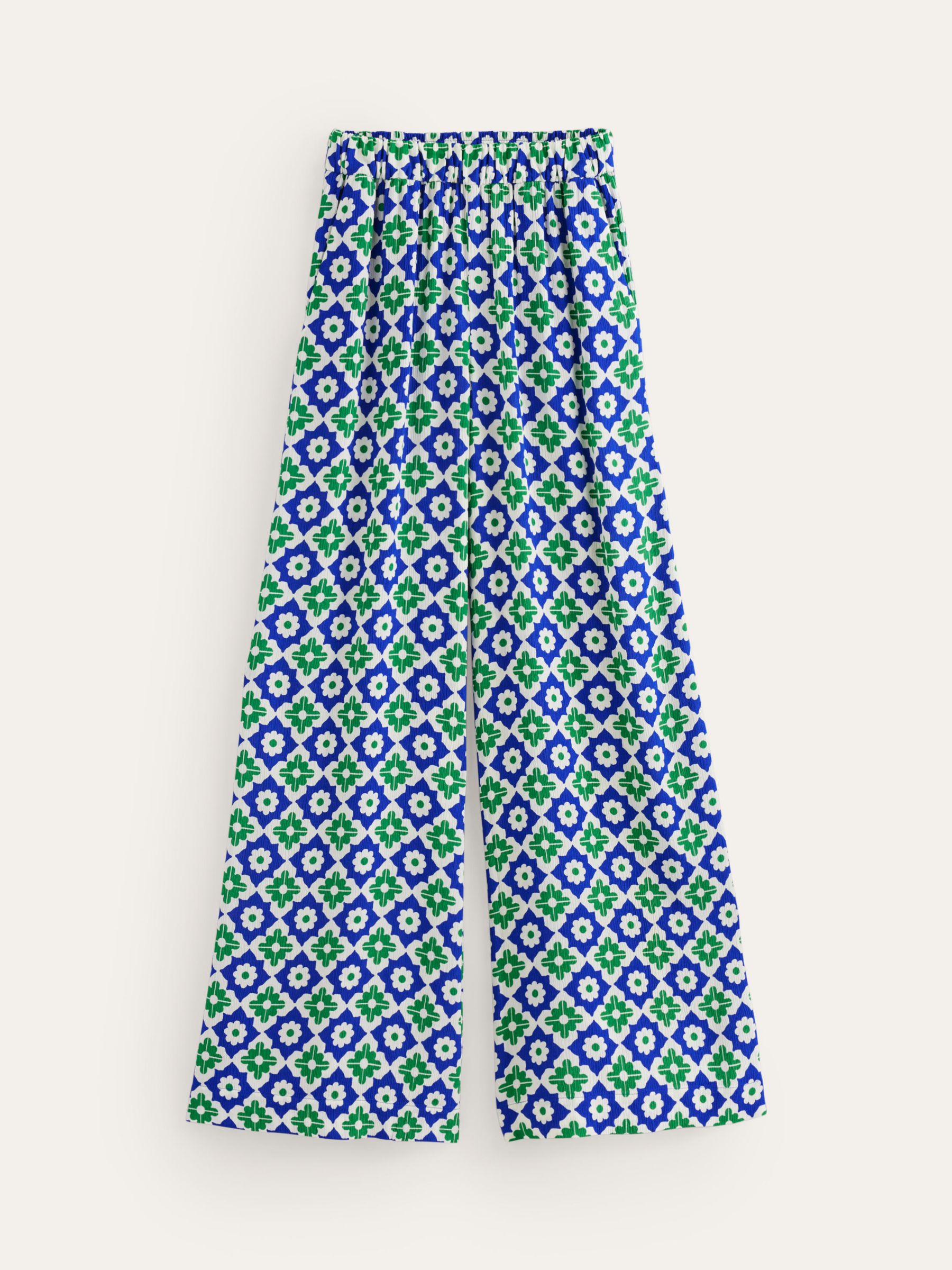 Boden Geometric Print Crinkle Wide Leg Trousers, Green/Multi, 10