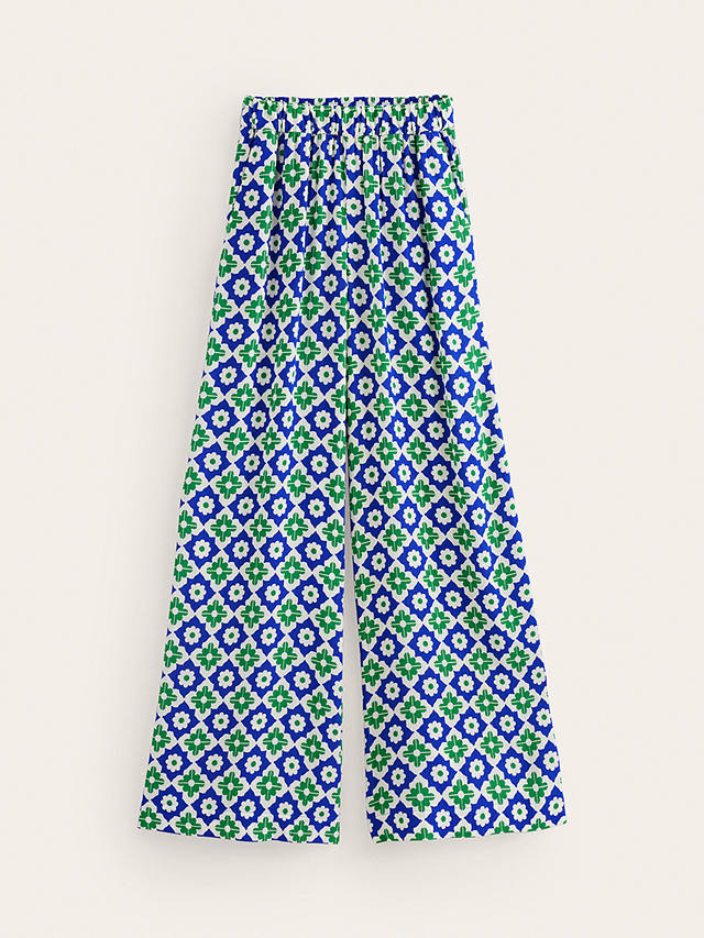 Boden Geometric Print Crinkle Wide Leg Trousers, Green/Multi
