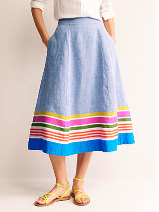 Boden Stripe Hem Midi Skirt, Blue/Multi