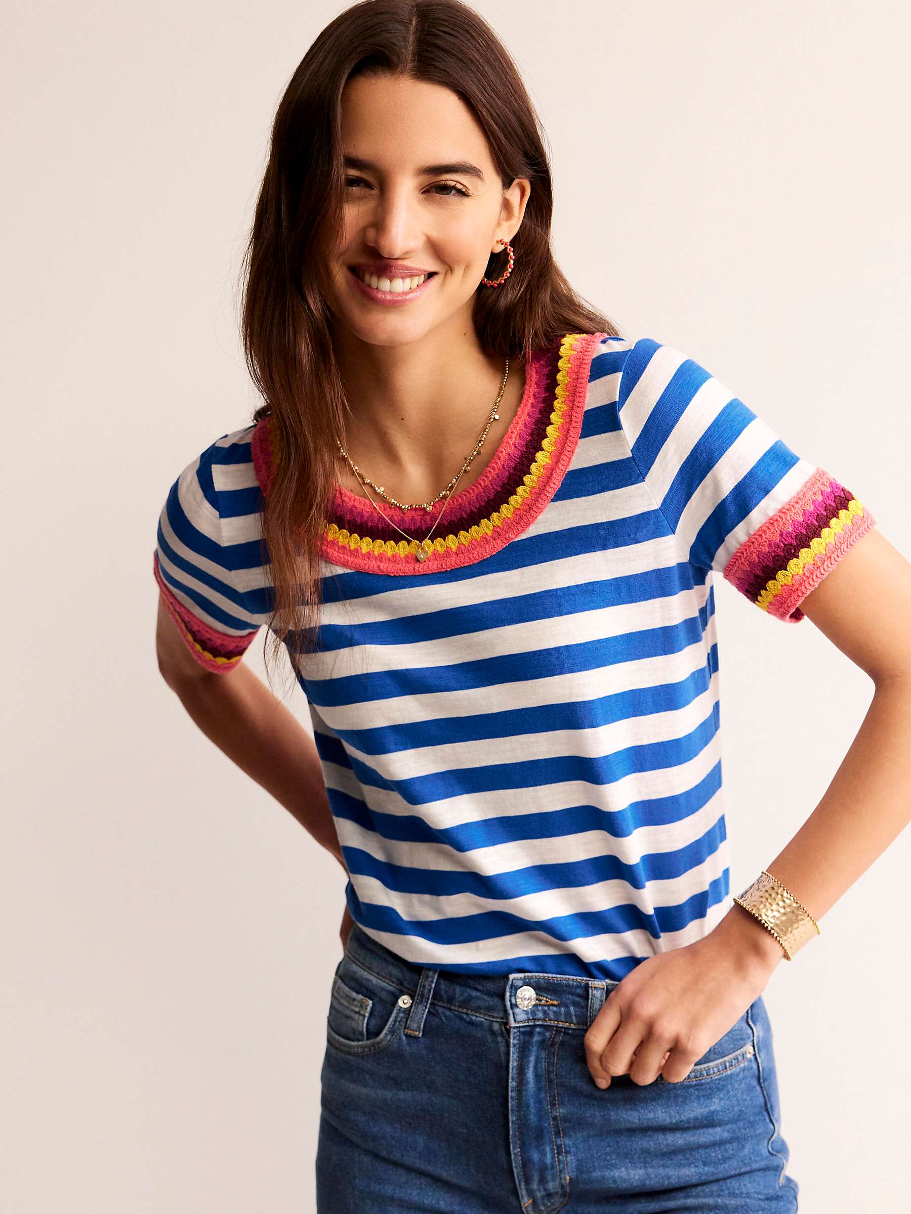 Buy Boden Crochet Neck T-Shirt, Blue/Ivory Online at johnlewis.com