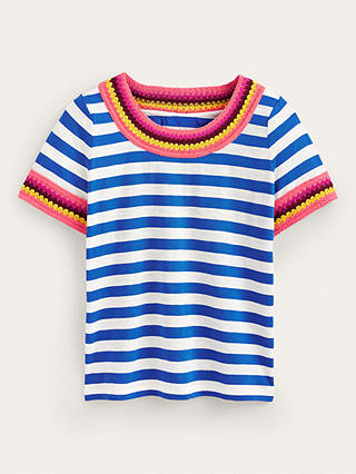 Boden Crochet Neck T-Shirt, Blue/Ivory