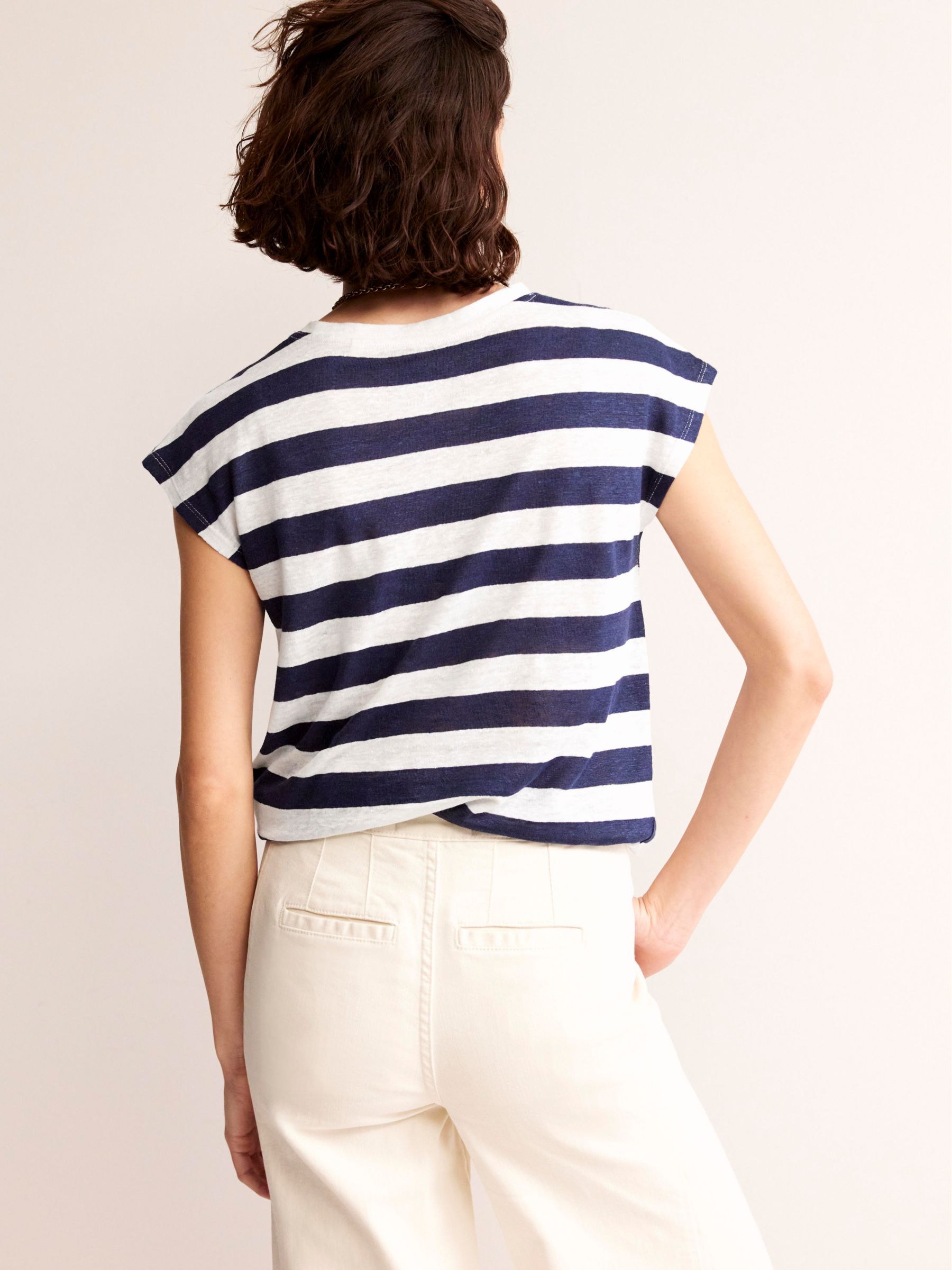 Boden Louisa Crew Neck Stripe Linen T-Shirt, Navy/Ivory, L