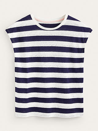 Boden Louisa Crew Neck Stripe Linen T-Shirt, Navy/Ivory