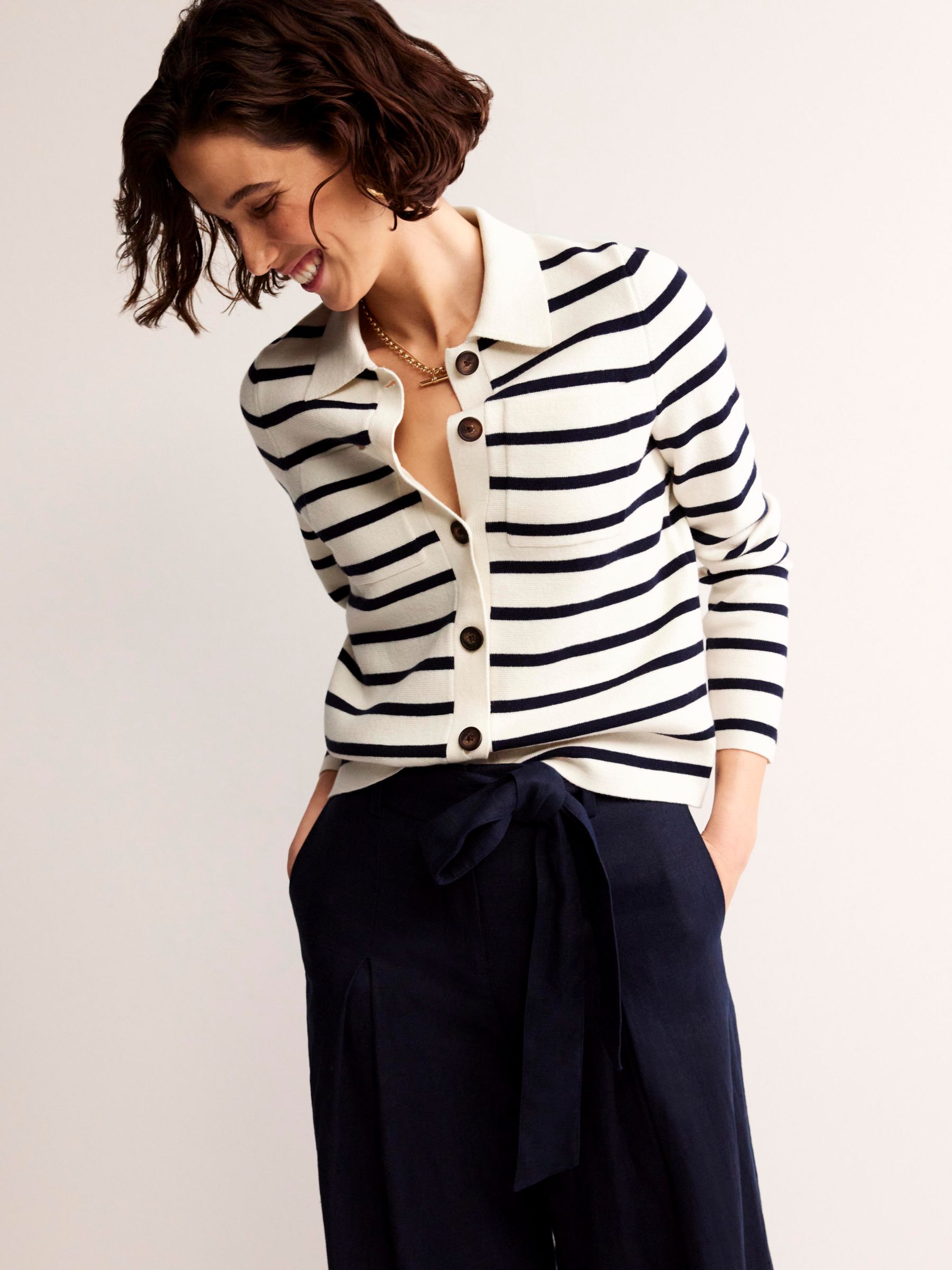 Buy Boden Wool Blend Knitted Cardigan, Warm Ivory/Navy Online at johnlewis.com