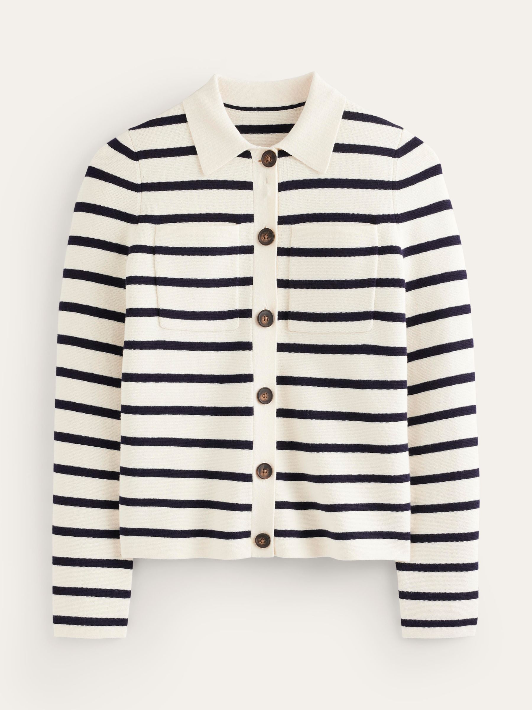 Boden Wool Blend Knitted Cardigan, Warm Ivory/Navy, S