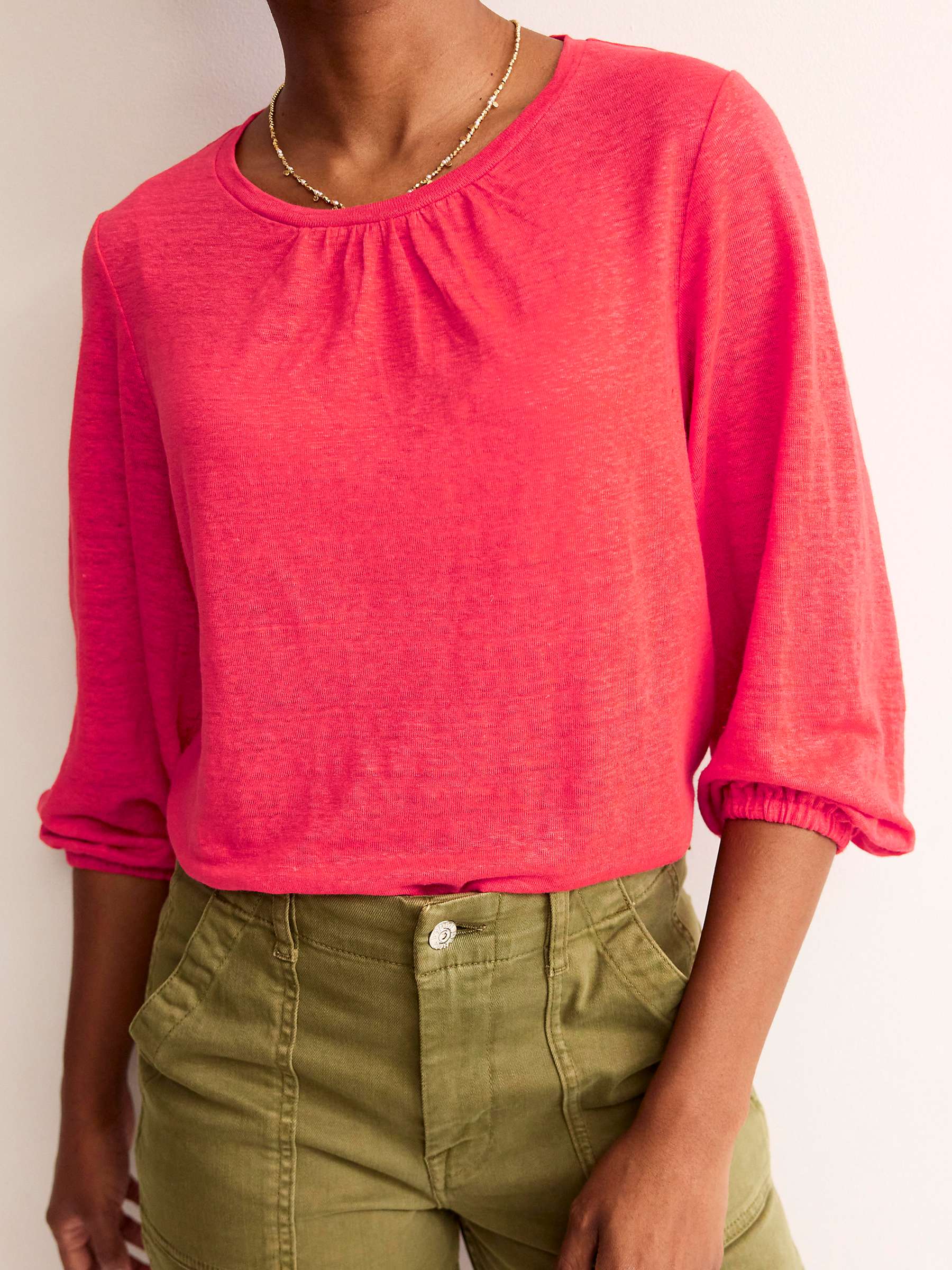 Buy Boden Linen Gathered Neck Blouse, Hibiscus Online at johnlewis.com