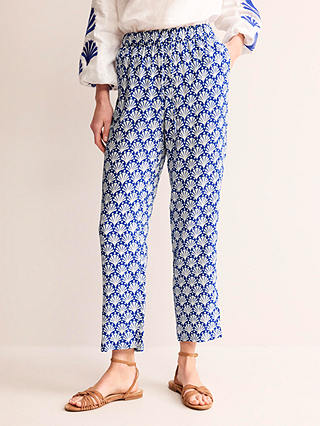 Boden Shells Print Crinkle Tapered Trousers, Ivory/Blue