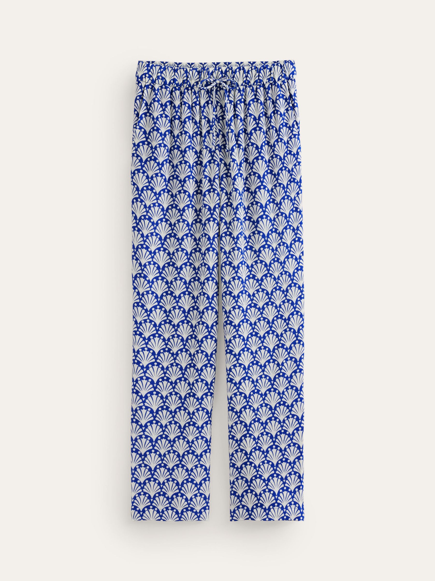 Boden Shells Print Crinkle Tapered Trousers, Ivory/Blue, 16
