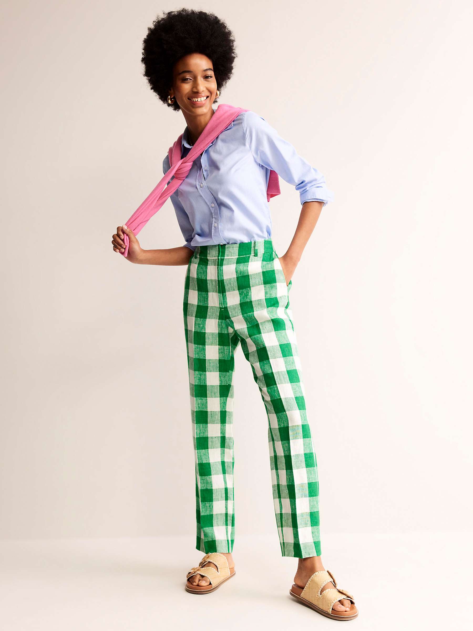 Buy Boden Kew Gingham Print Linen Trousers, Green/Cream Online at johnlewis.com