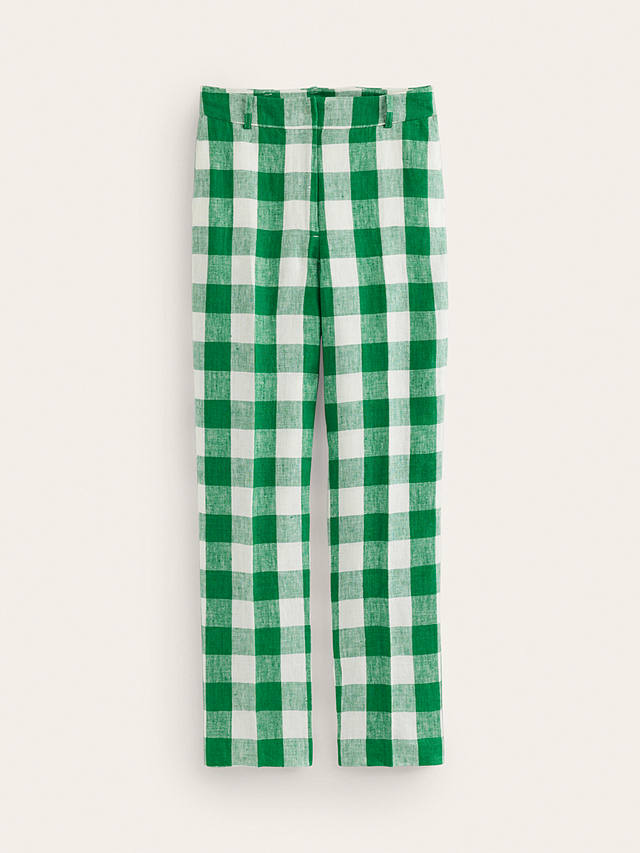 Boden Kew Gingham Print Linen Trousers, Green/Cream