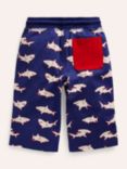 Mini Boden Kids' Shark Print Jersey Baggy Shorts, Sapphire Blue