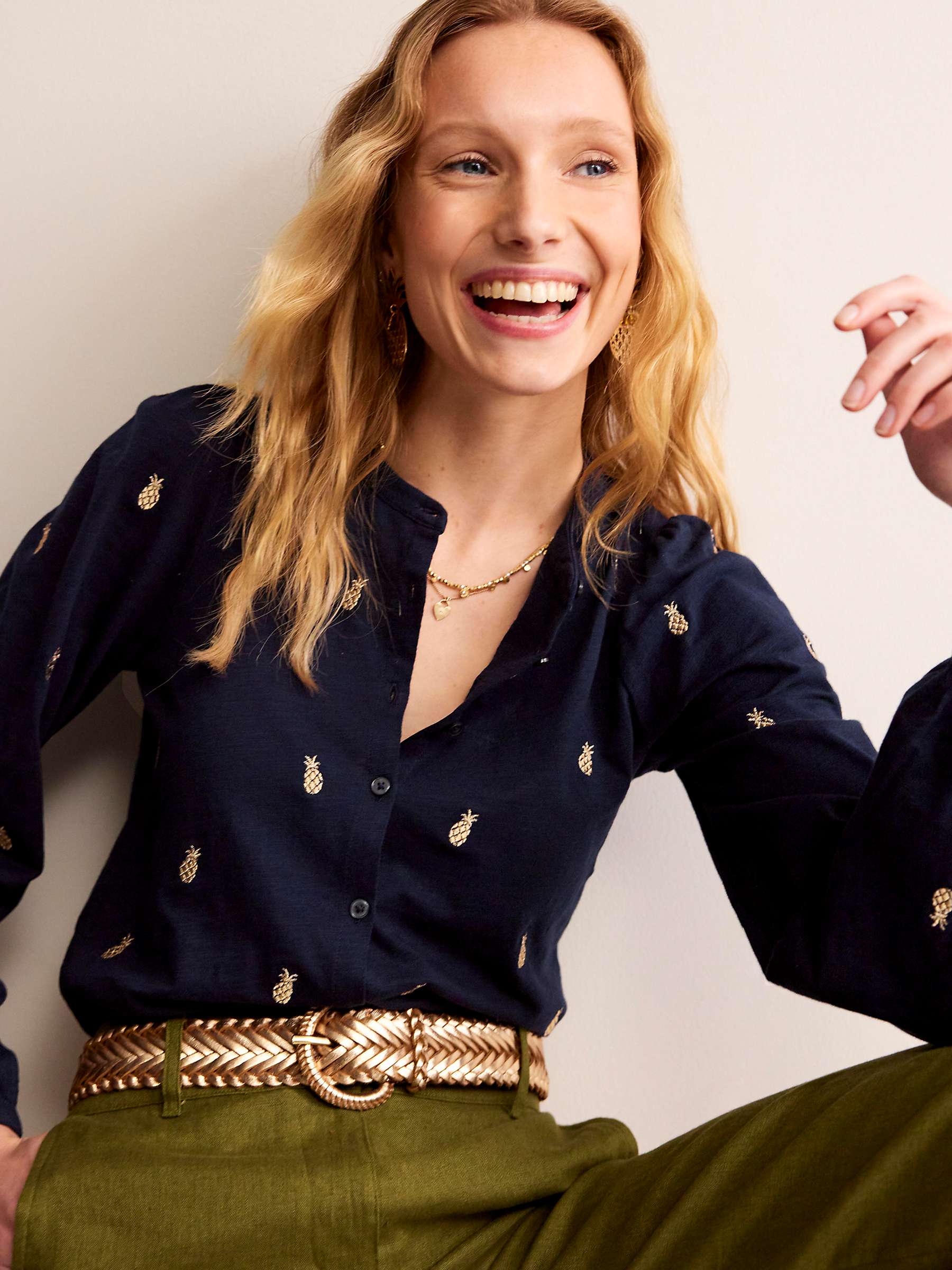 Buy Boden Marina Pineapple Embroidery Cotton Blouse, Navy Online at johnlewis.com