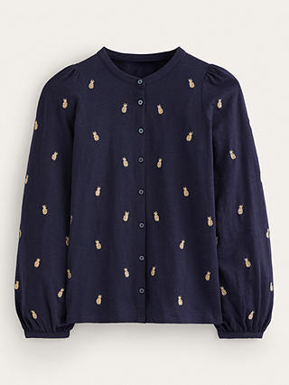 Boden Marina Pineapple Embroidery Cotton Blouse, Navy