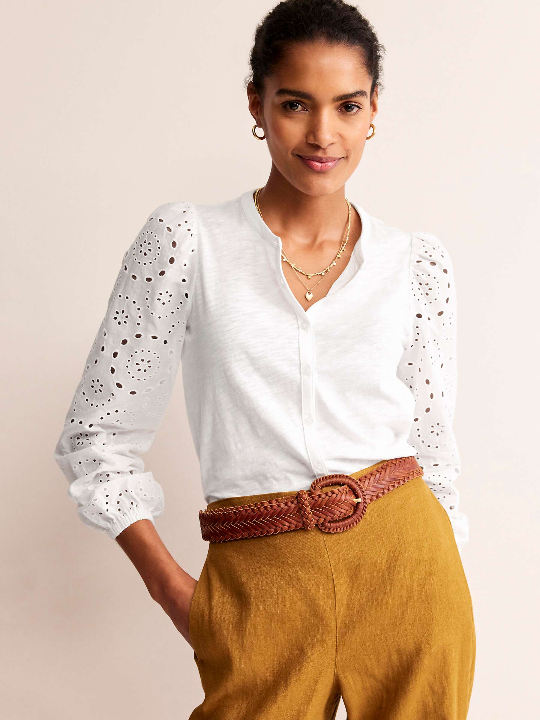 Buy Boden Marina Broderie Sleeve Button Blouse, White Online at johnlewis.com