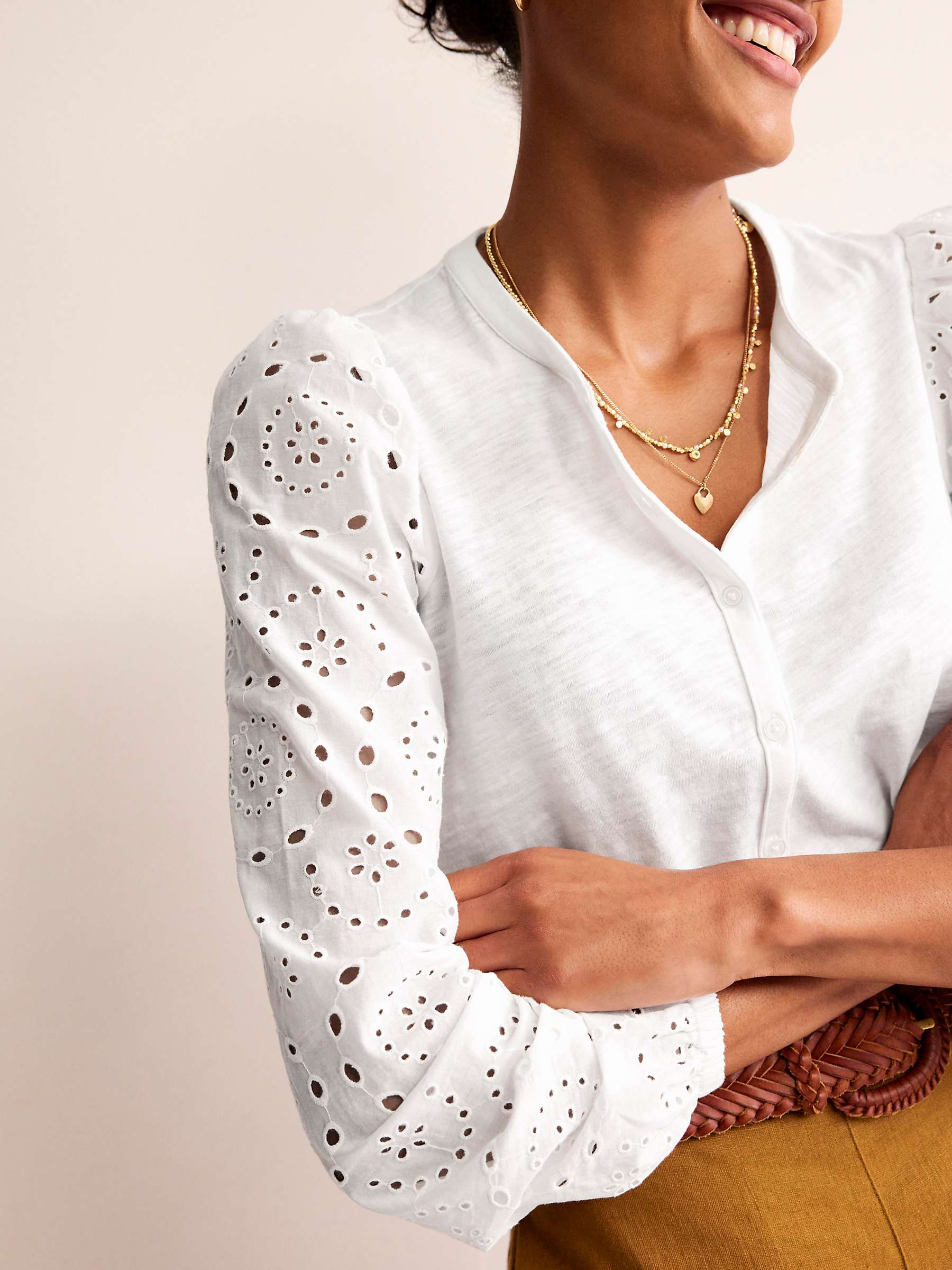 Buy Boden Marina Broderie Sleeve Button Blouse, White Online at johnlewis.com