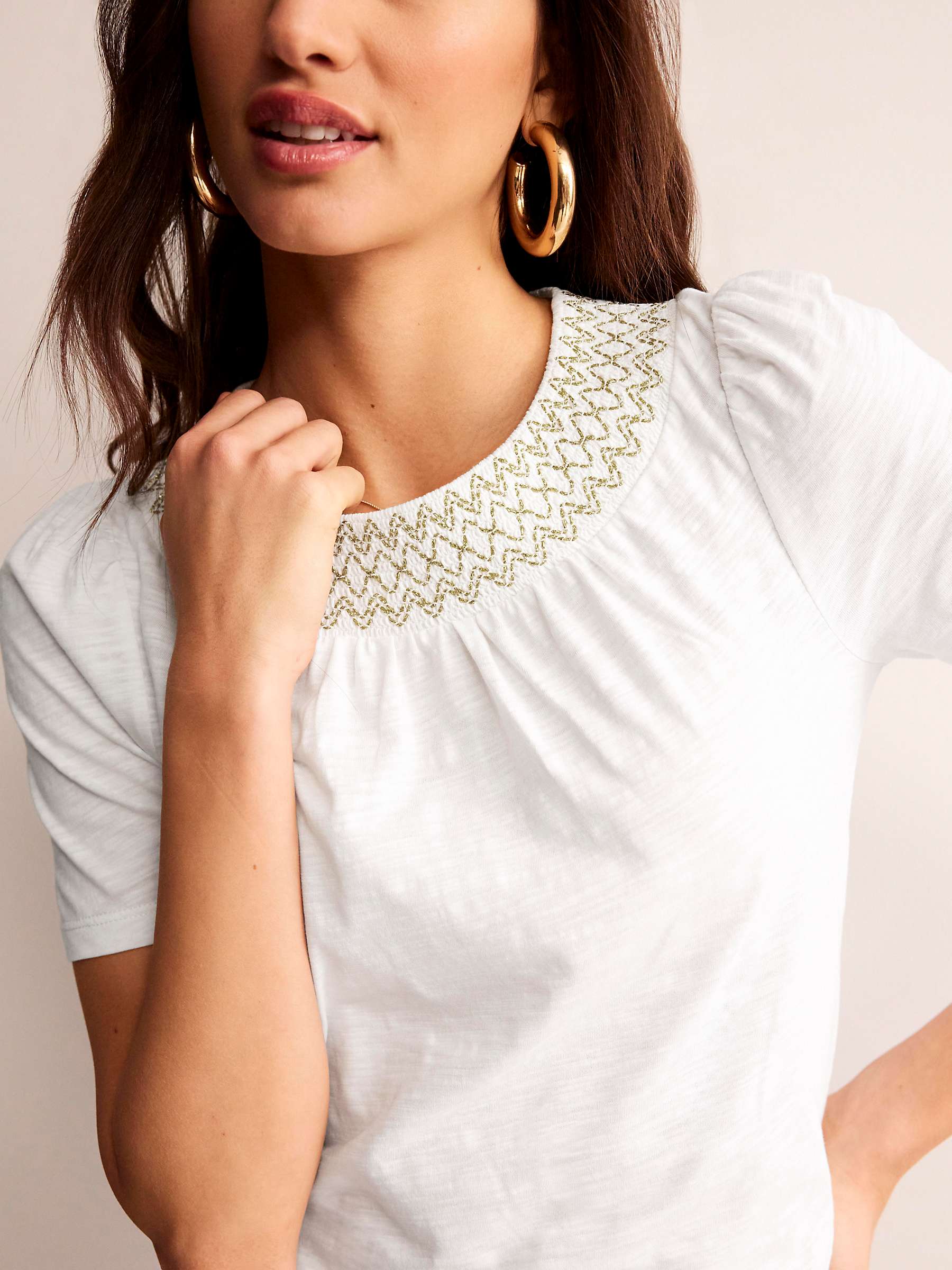 Buy Boden Metallic Embroidery Smock Neck Top, White/Gold Online at johnlewis.com
