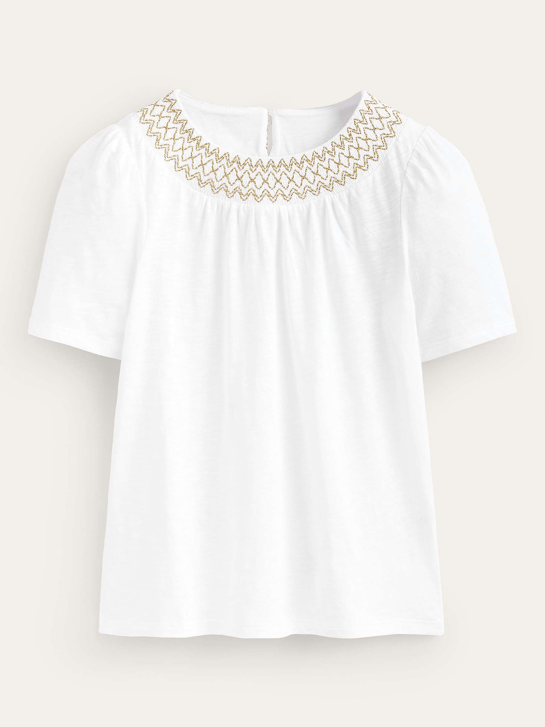 Buy Boden Metallic Embroidery Smock Neck Top, White/Gold Online at johnlewis.com