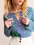 Boden Floral Tile Print Tassel Tie Neck Blouse, Green/Multi