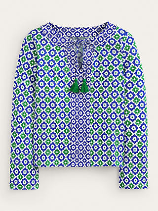 Boden Floral Tile Print Tassel Tie Neck Blouse, Green/Multi