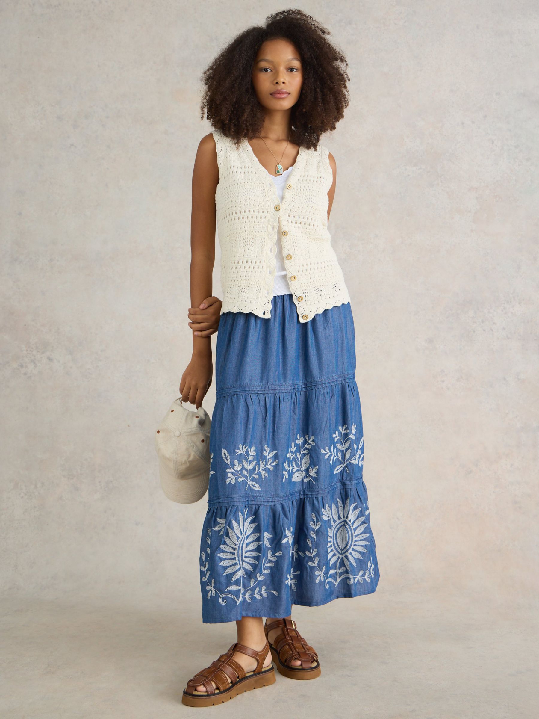 White Stuff Isla Embroidered Denim Maxi Skirt, Light Denim, 8