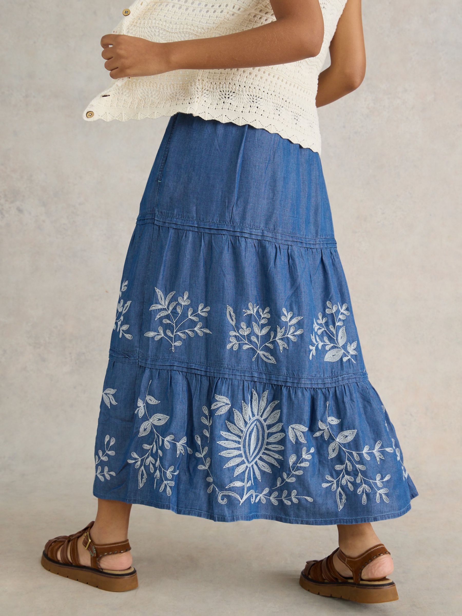 White Stuff Isla Embroidered Denim Maxi Skirt, Light Denim, 8