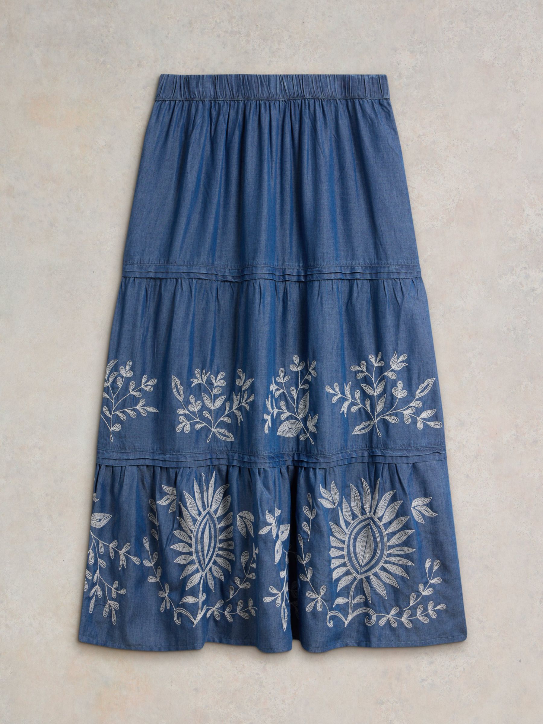 White Stuff Isla Embroidered Denim Maxi Skirt, Light Denim, 8