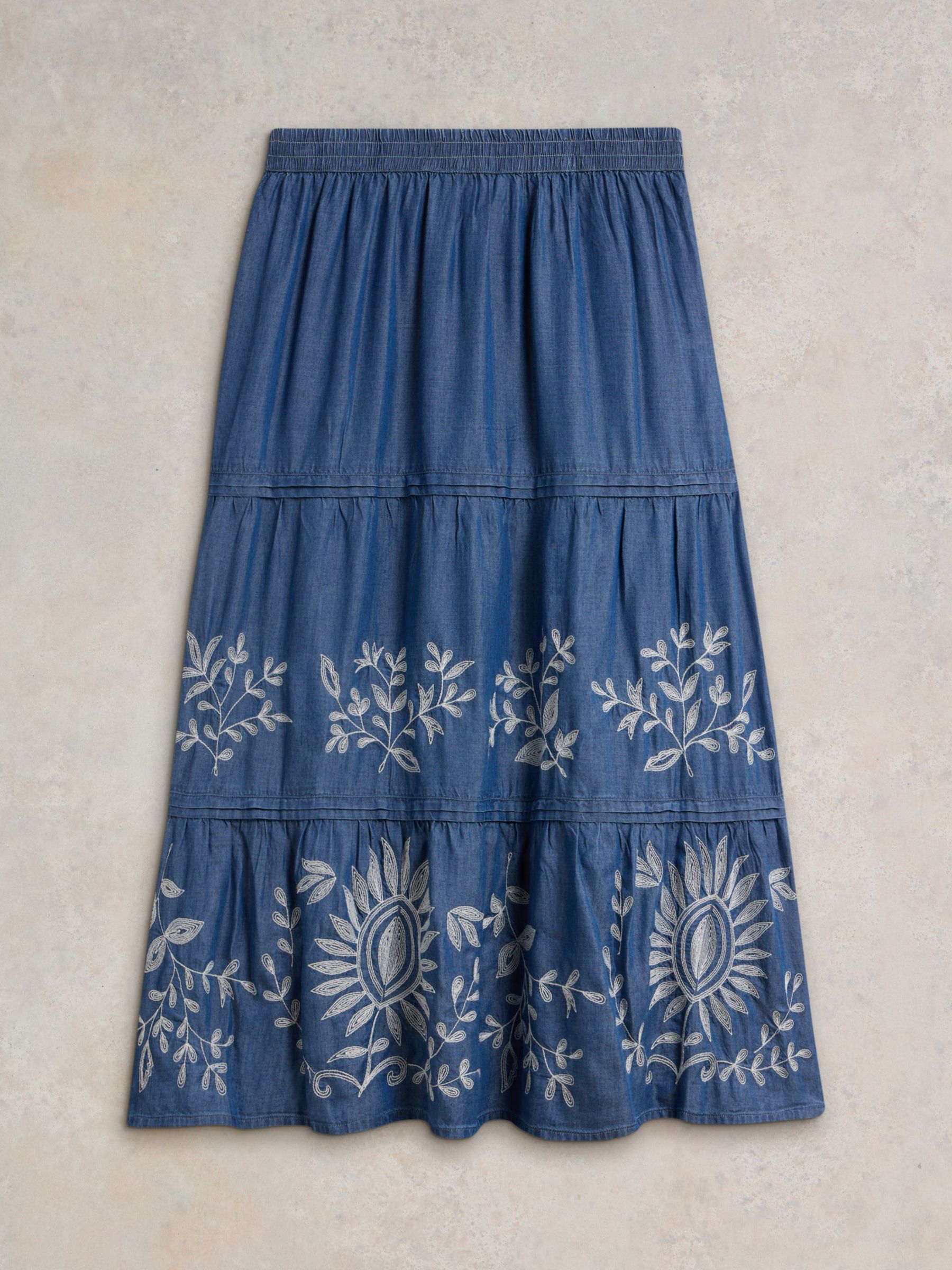 White Stuff Isla Embroidered Denim Maxi Skirt, Light Denim, 8