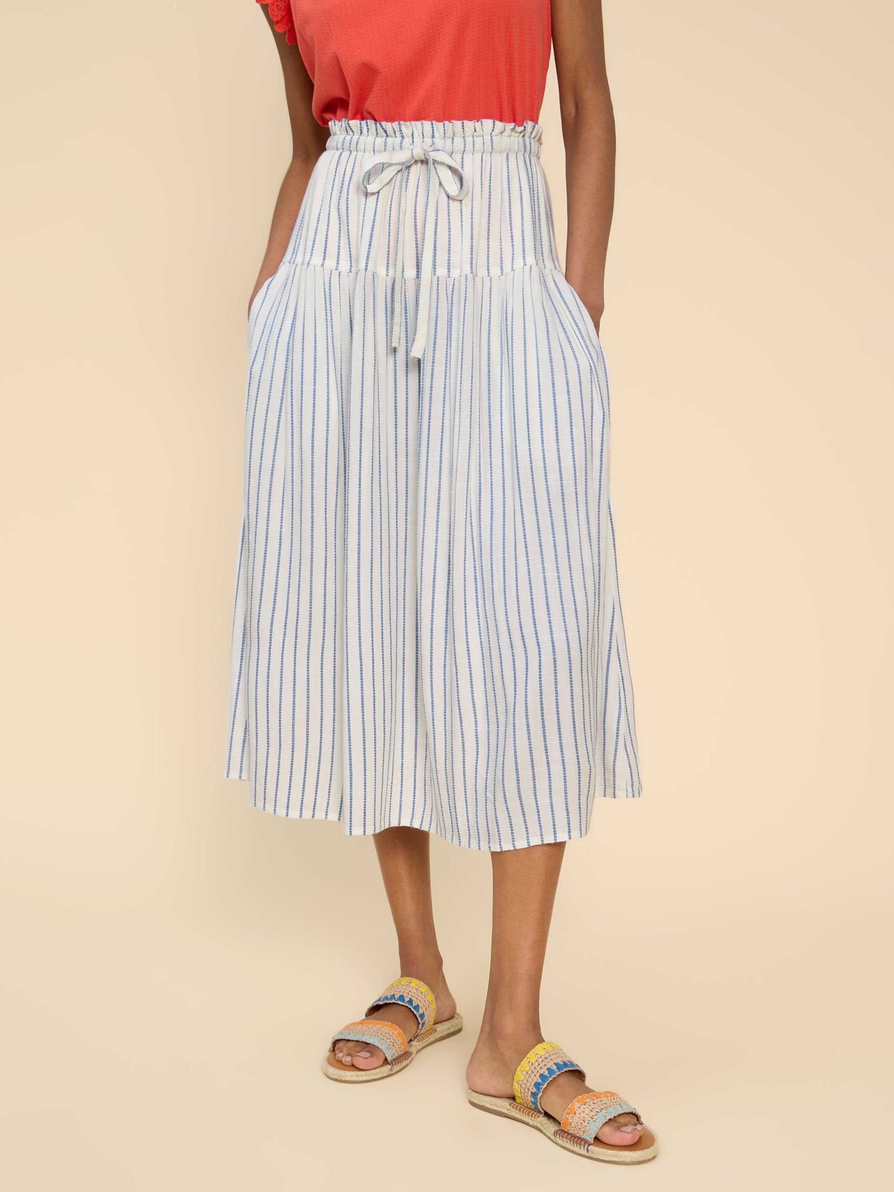 White Stuff Seema Stripe Midi Skirt, Ivory/Blue, 14