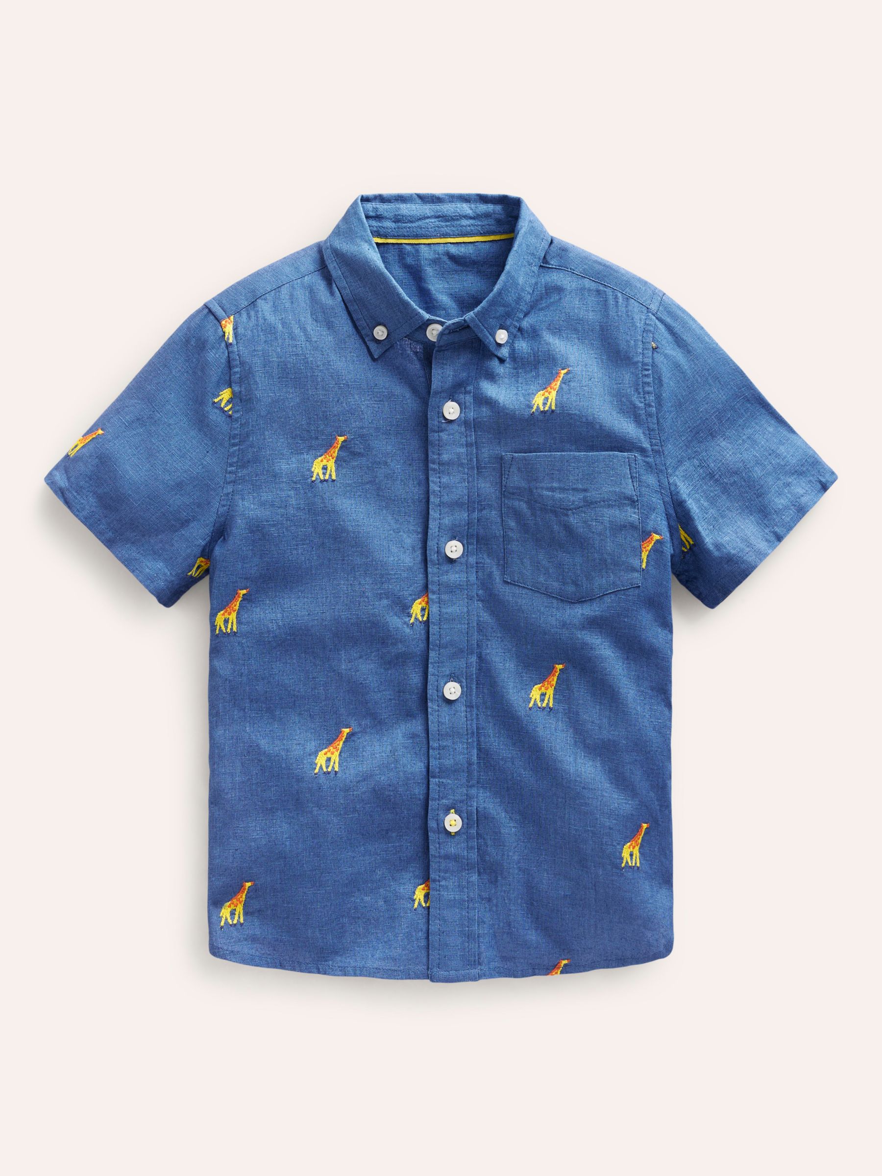 Mini Boden Kids' Giraffe Embroidered Linen Blend Short Sleeve Shirt, Chambray, 2-3 years