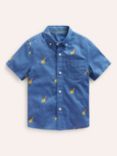 Mini Boden Kids' Giraffe Embroidered Linen Blend Short Sleeve Shirt, Chambray