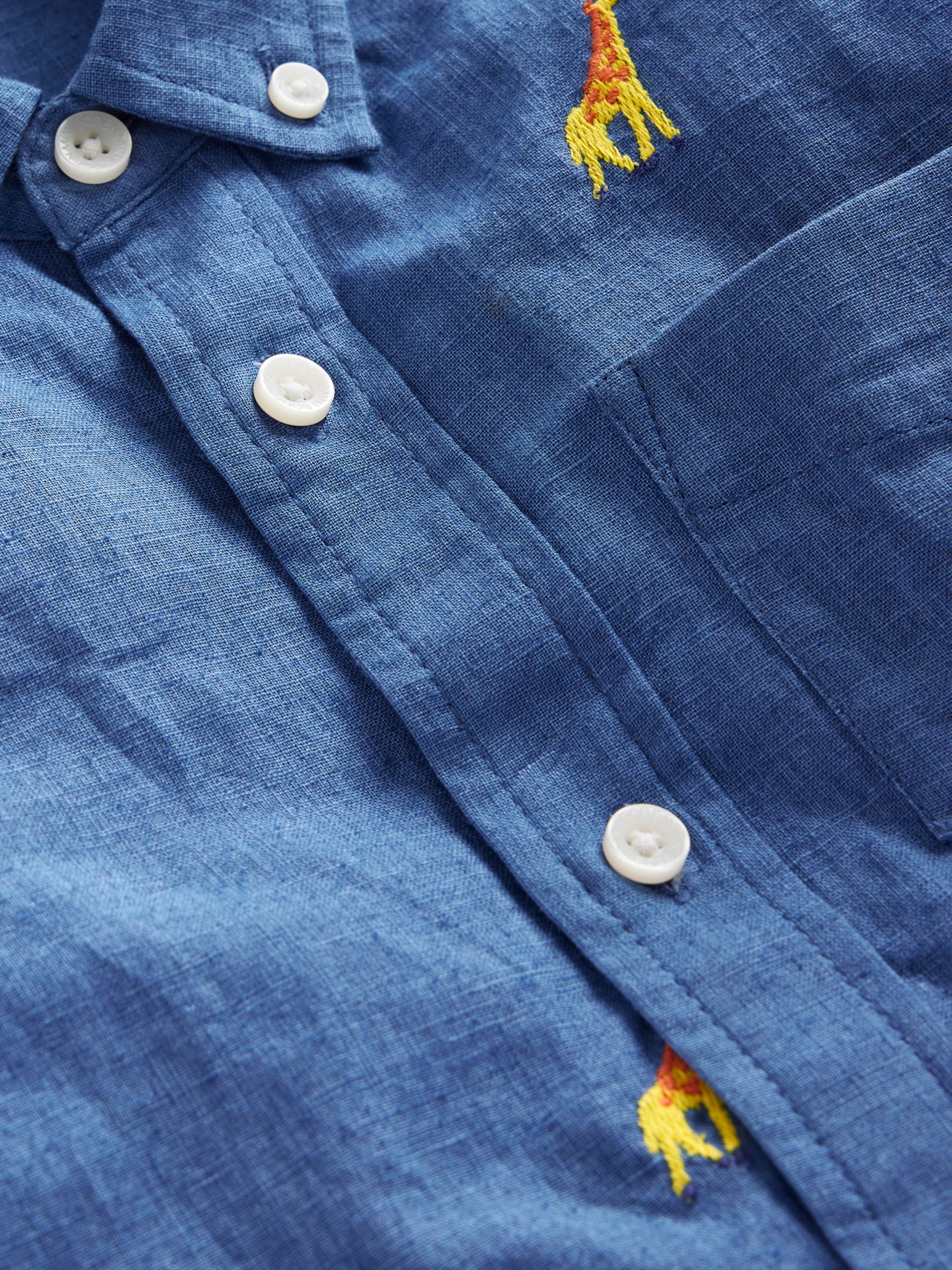 Buy Mini Boden Kids' Giraffe Embroidered Linen Blend Short Sleeve Shirt, Chambray Online at johnlewis.com