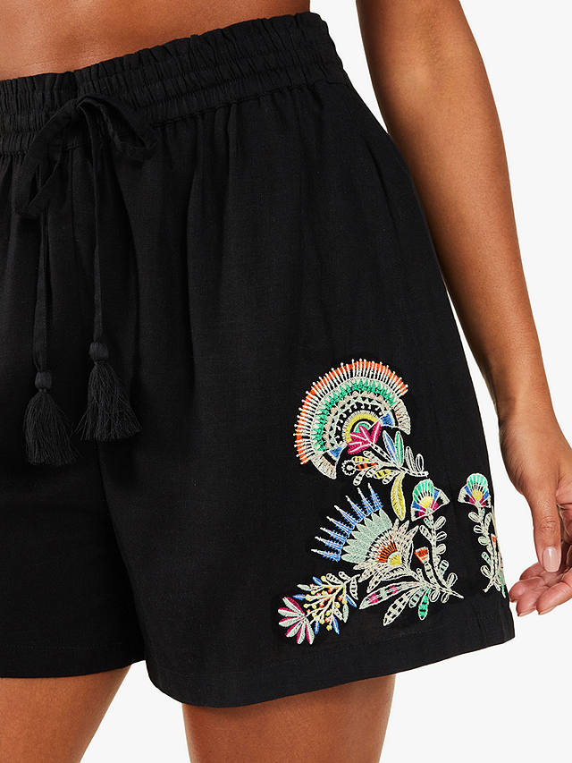 Accessorize Embroidered Linen Shorts, Black/Multi