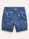 Mini Boden Kids' Linen Blend Giraffe Embroidered Roll Up Shorts, Chambray