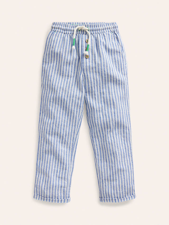 Mini Boden Kids' Summer Stripe Pull On Trousers, Bluejay Ticking