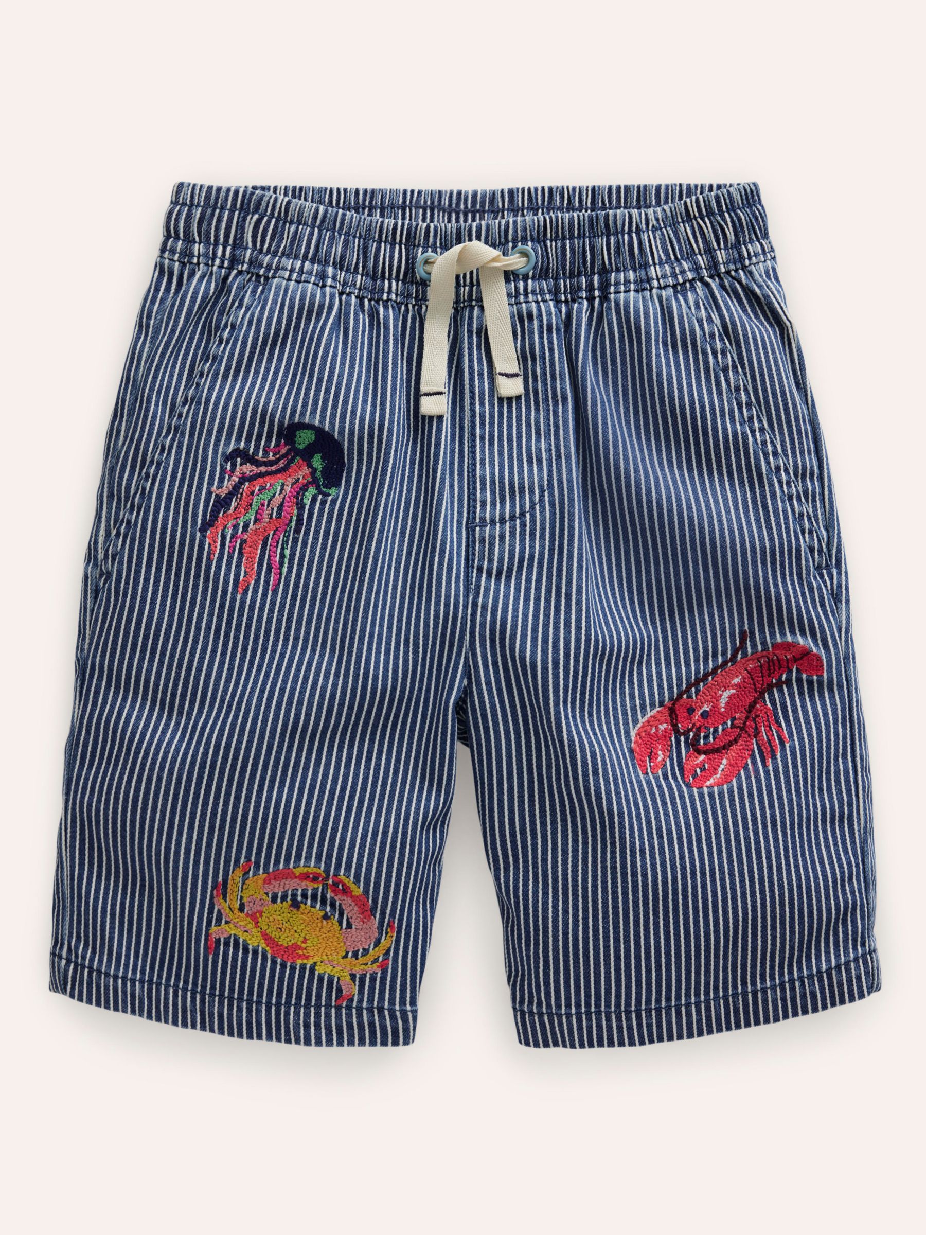 Mini Boden Kids' Superstitch Sea Animal Shorts, Blue/Ecru Stripe, 12-18 months