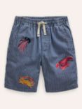 Mini Boden Kids' Superstitch Sea Animal Shorts, Blue/Ecru Stripe