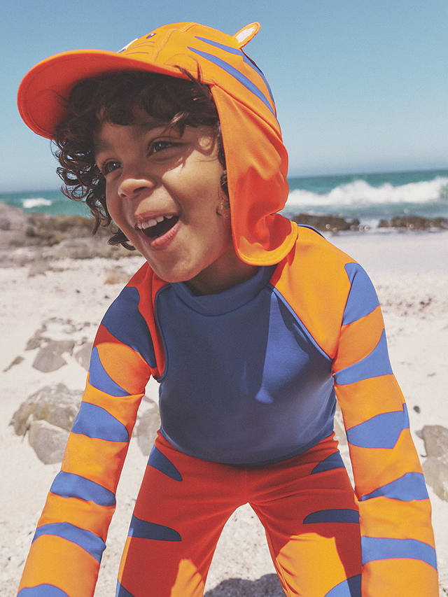 Mini Boden Kids' Sun Safe Tiger Stripe Surf Set, Blue/Mandarin Orange