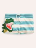 Mini Boden Kids' Dino Stripe Swim Trunks, Aqua/Ivory, Aqua/ Ivory
