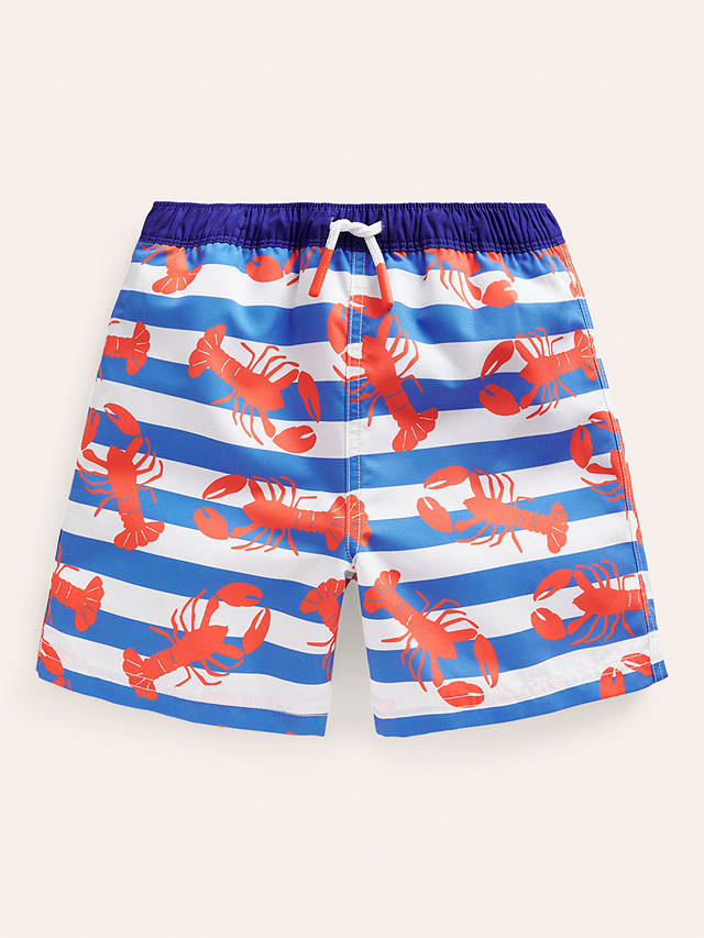 Mini Boden Kids' Lobster Stripe Swim Shorts, Red/Blue