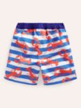 Mini Boden Kids' Lobster Stripe Swim Shorts, Red/Blue